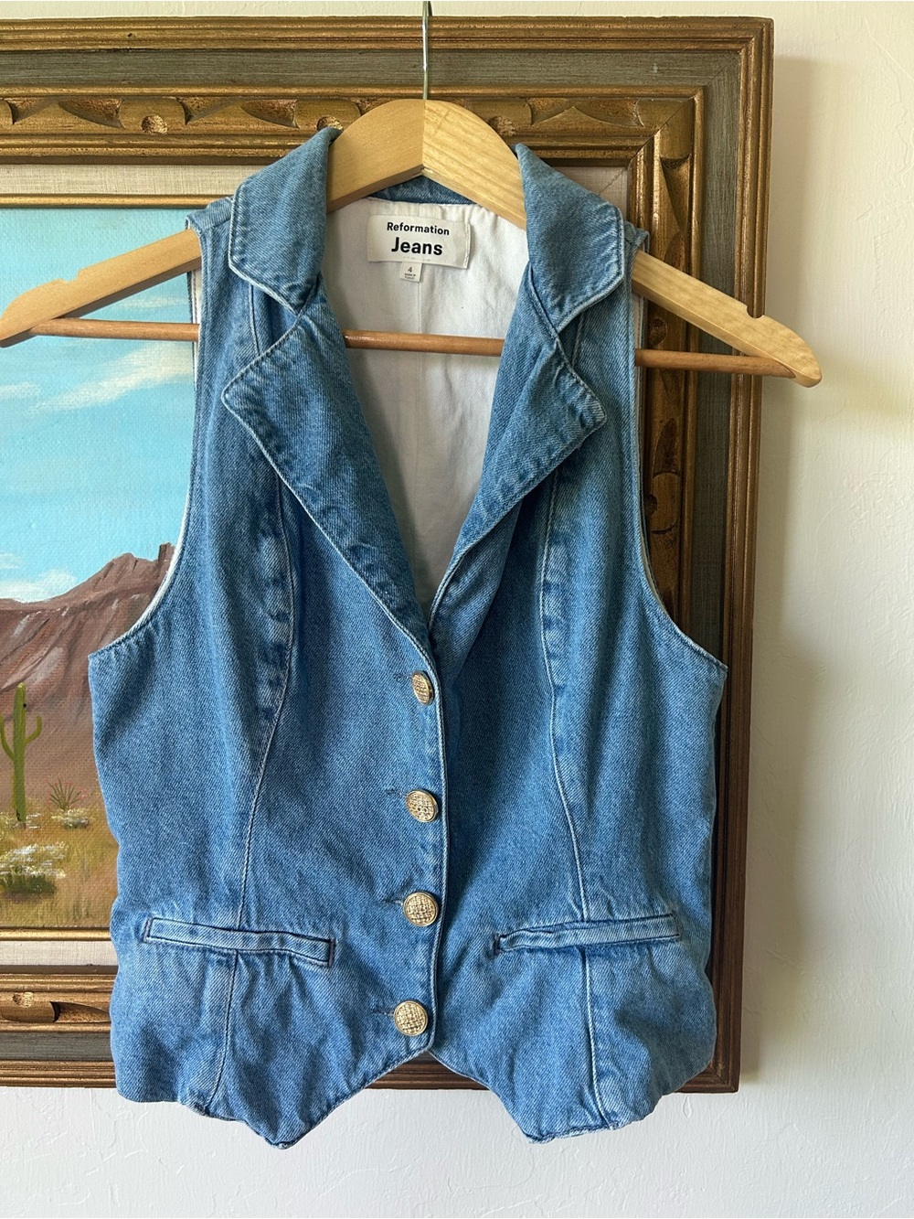 Reformation Light Blue Denim Vest with Tailored Collar